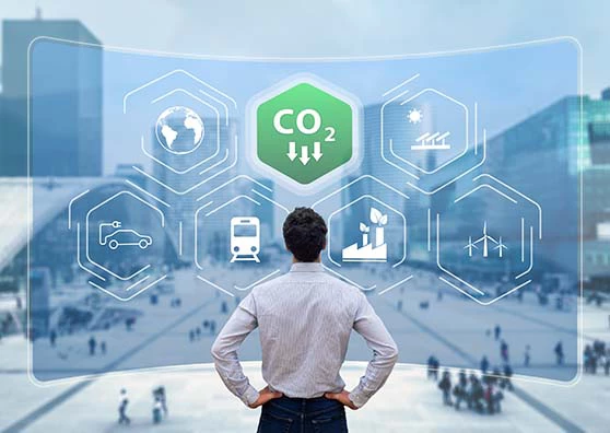 Reduce Carbon Dioxide Emissions to Limit Global Warming and Climate Change. Commitment to Paris Agreement to Lower CO2 levels with Sustainable Development as Renewable Energy and Electric Vehicles